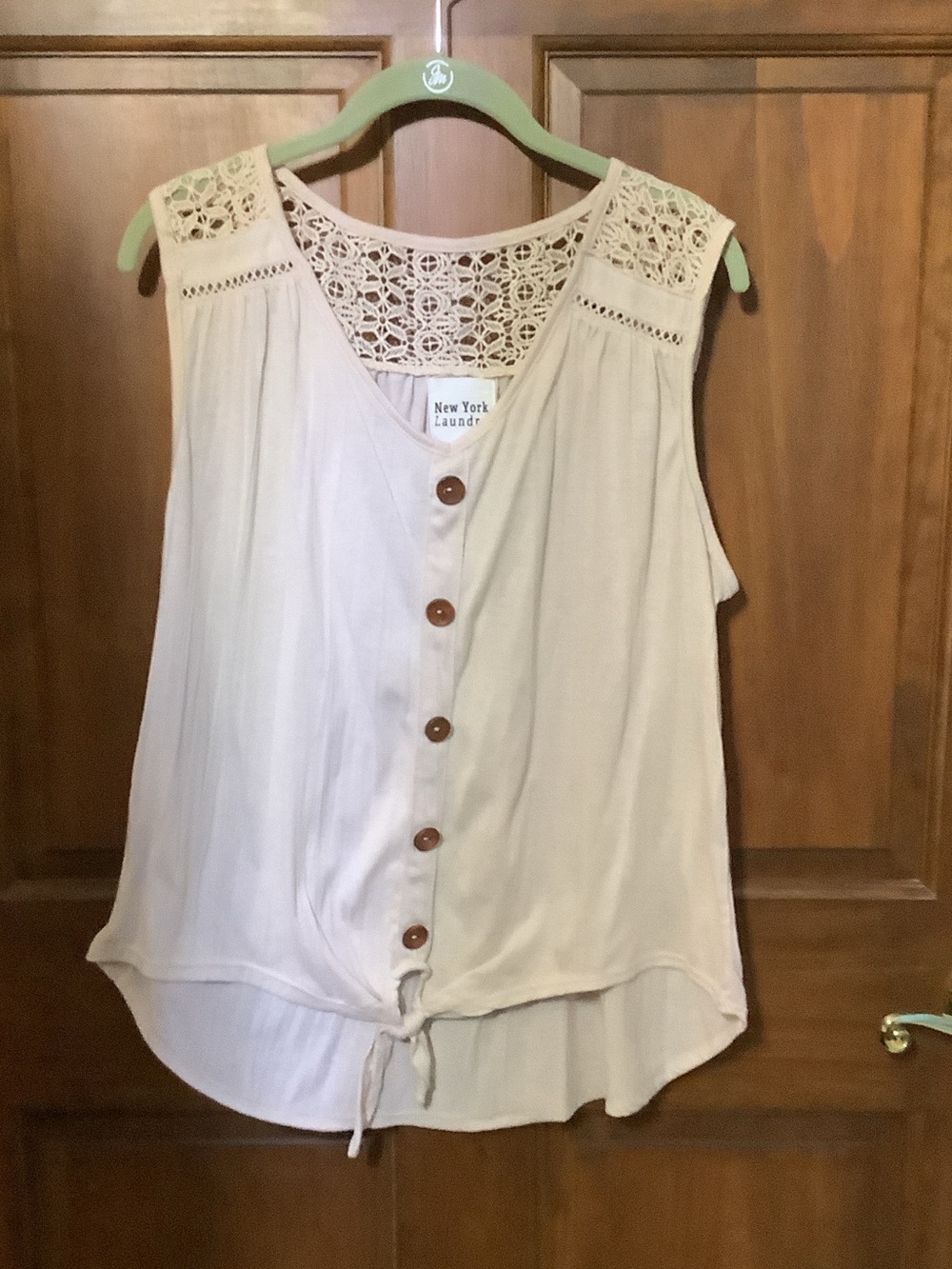 New York Laundry Cream Crochet Button-Front Tie Tank
